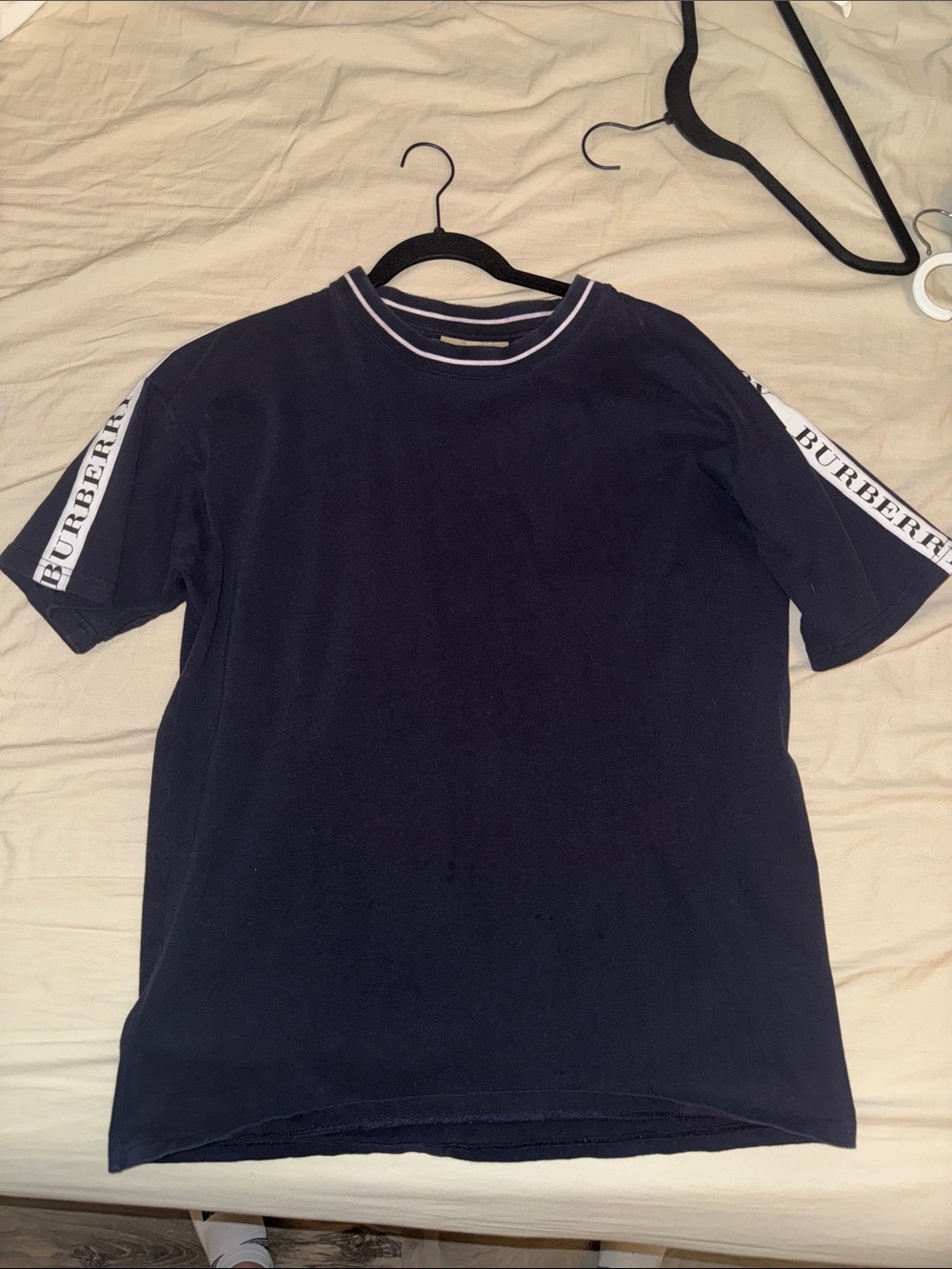 Burberry Navy Short Sleeve Tee with Logo Sleeve Tape